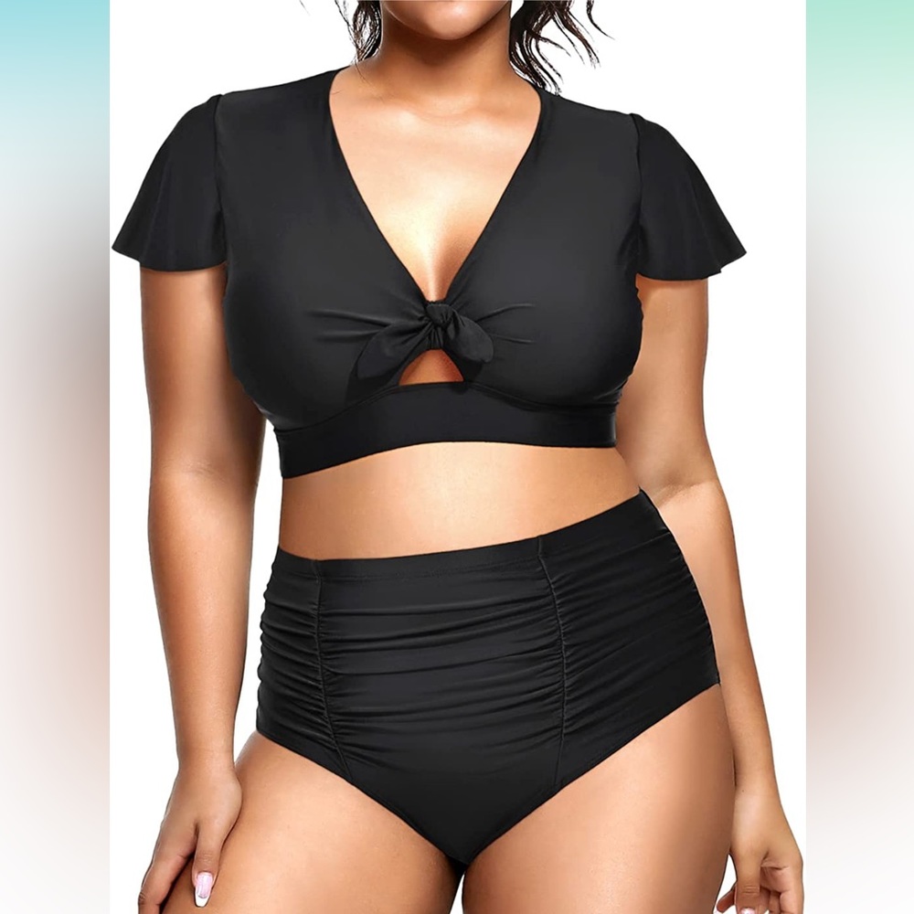 NEW Yonique Womens 2 Piece Black XXL Bikini Set High Waisted Short Sleeve 18 2XL